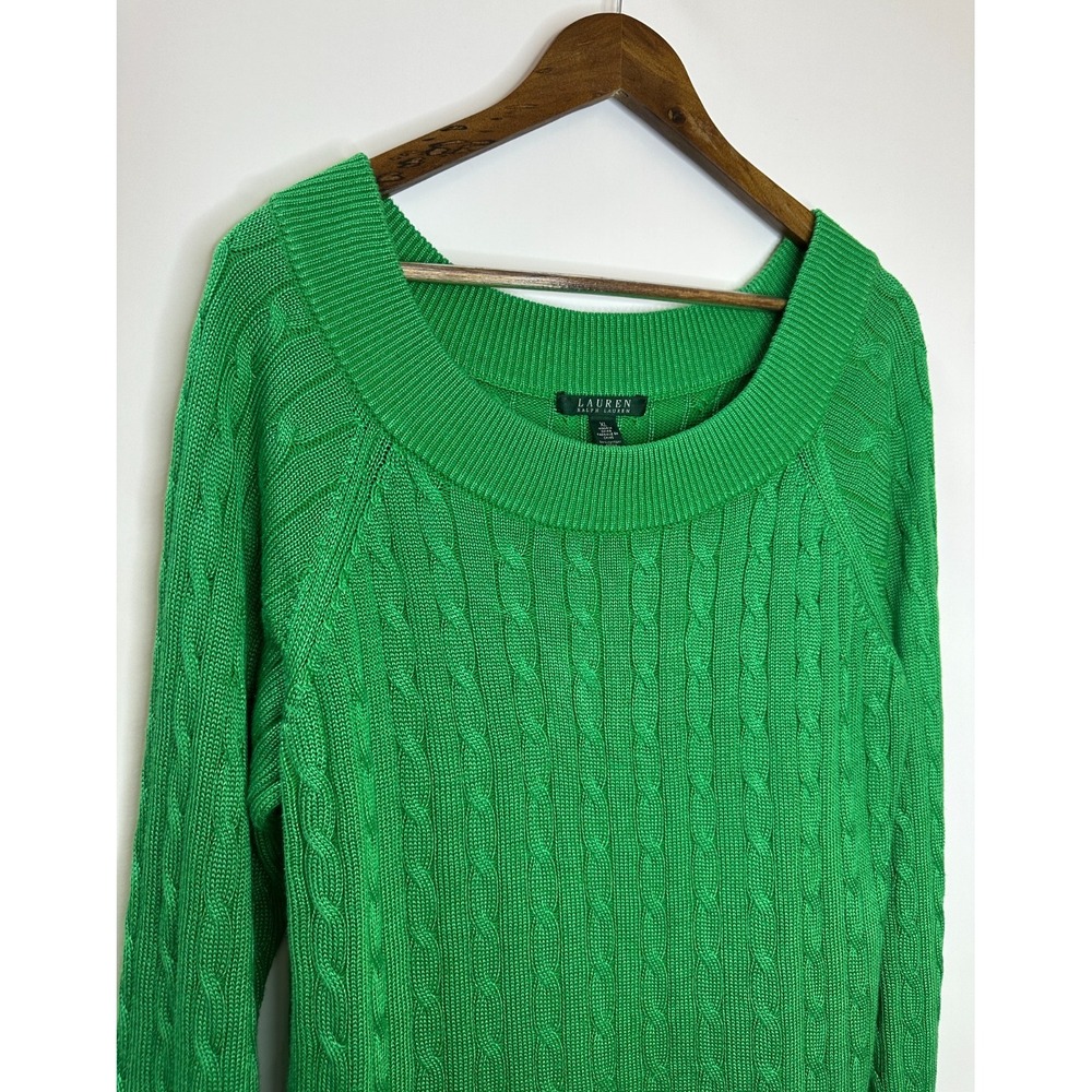 Lauren Ralph Lauren Cable Knit Wide Neck Cotton Blend Sweater XL Holiday Green - Picture 4 of 9